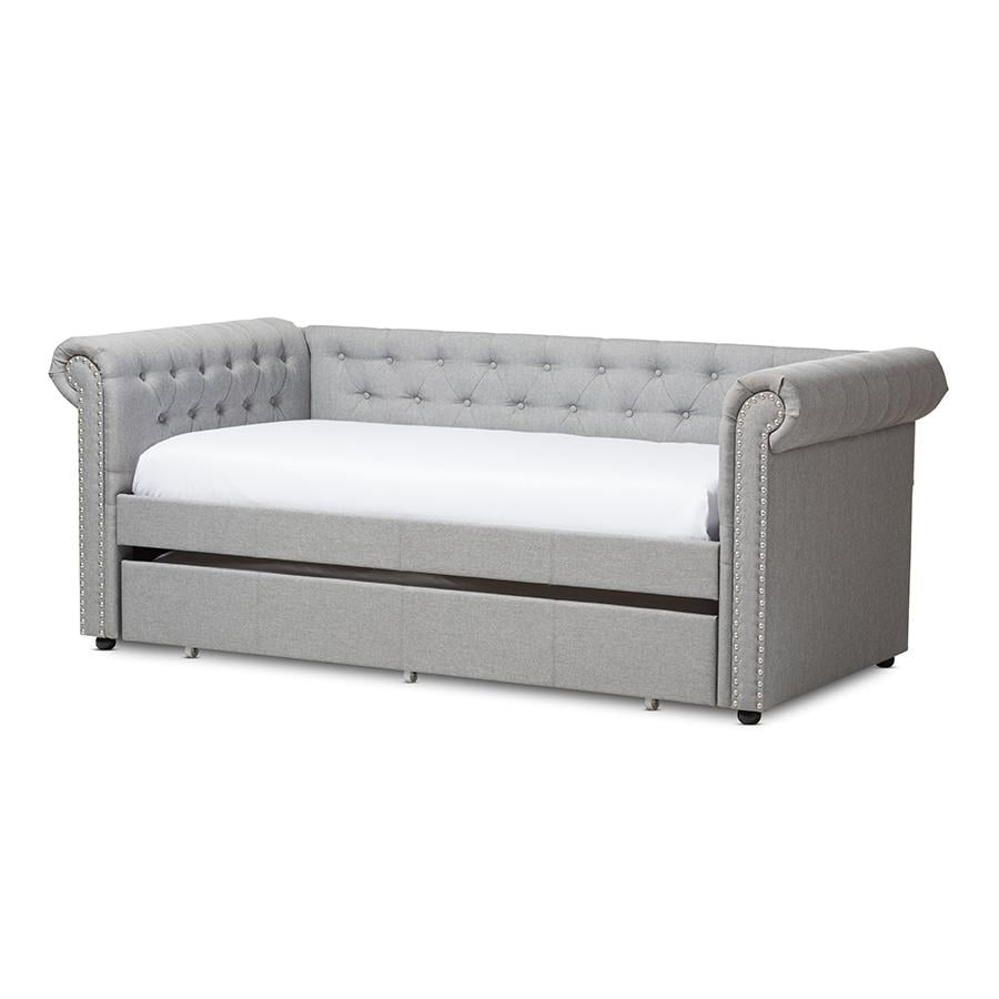 Gray Upholstered Twin Daybed with Trundle and Nailhead Trim