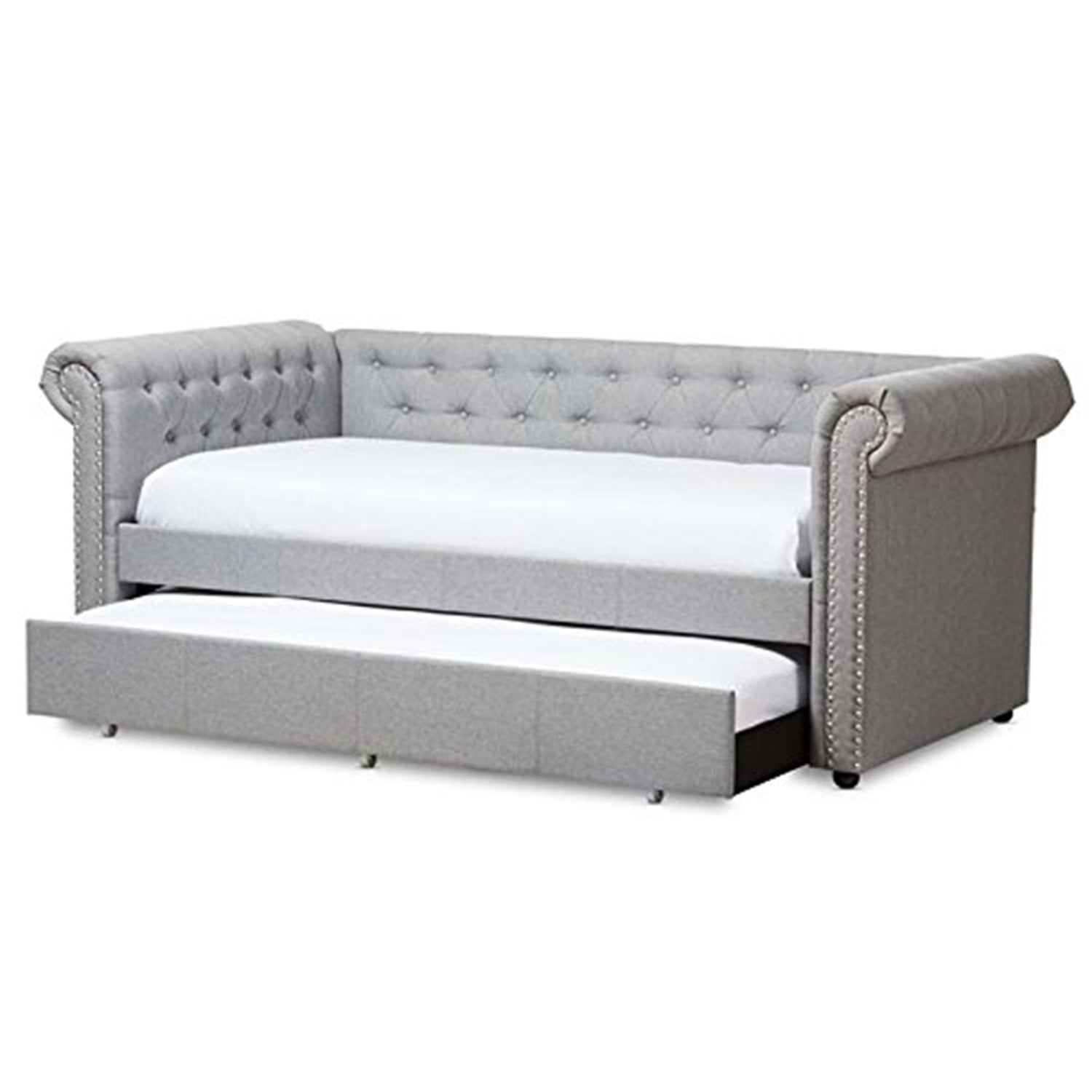 Gray Upholstered Twin Daybed with Trundle and Nailhead Trim