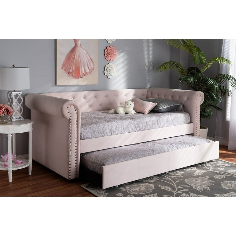 Pink upholstered daybed on sale with trundle