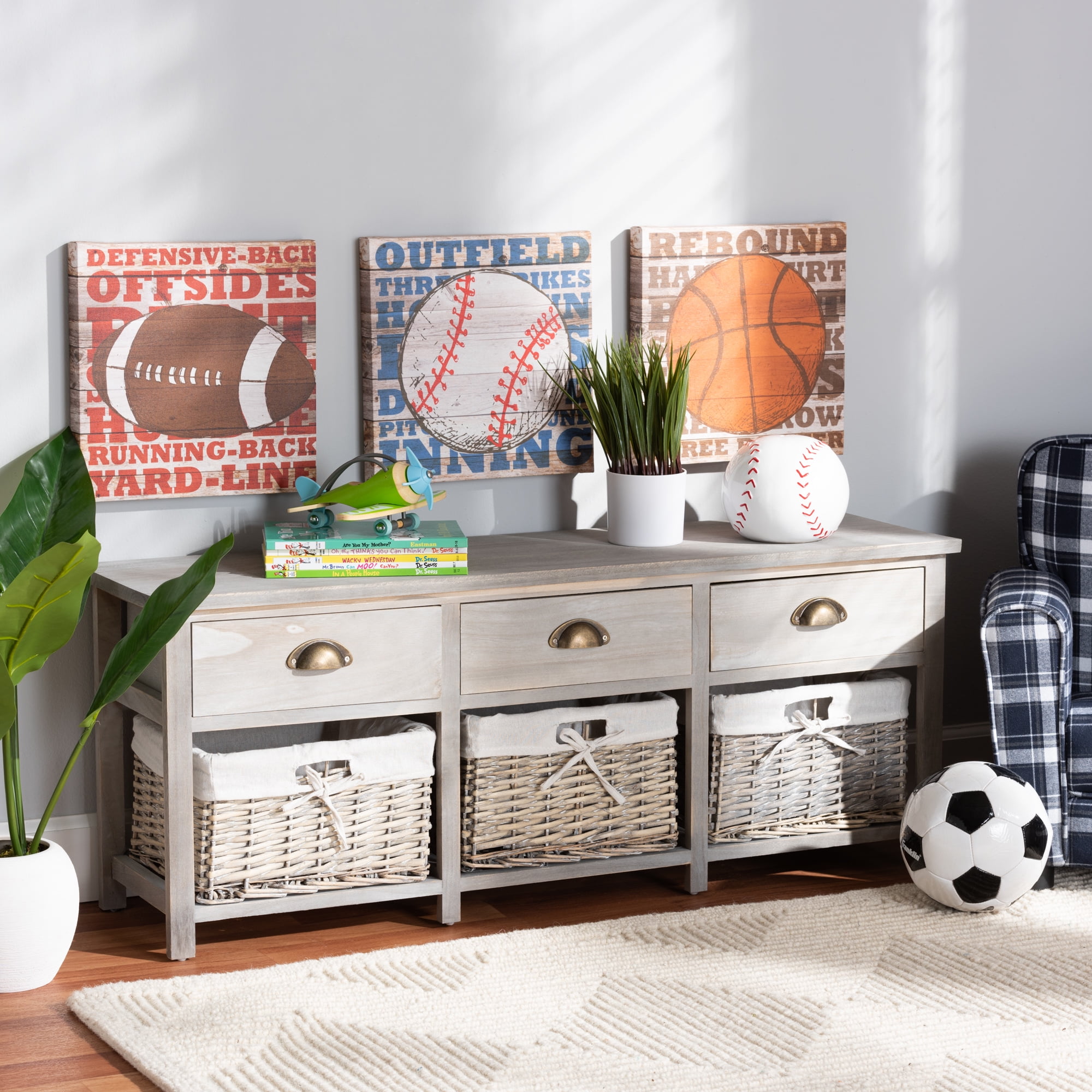 Baxton Studio Mabyn 3 Drawer, 3 Basket Wood Bench, Natural