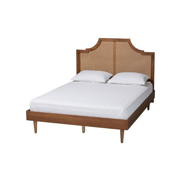 Baxton Studio Macaria Mid-Century Modern Ash Walnut Woven Rattan Queen Size Bed