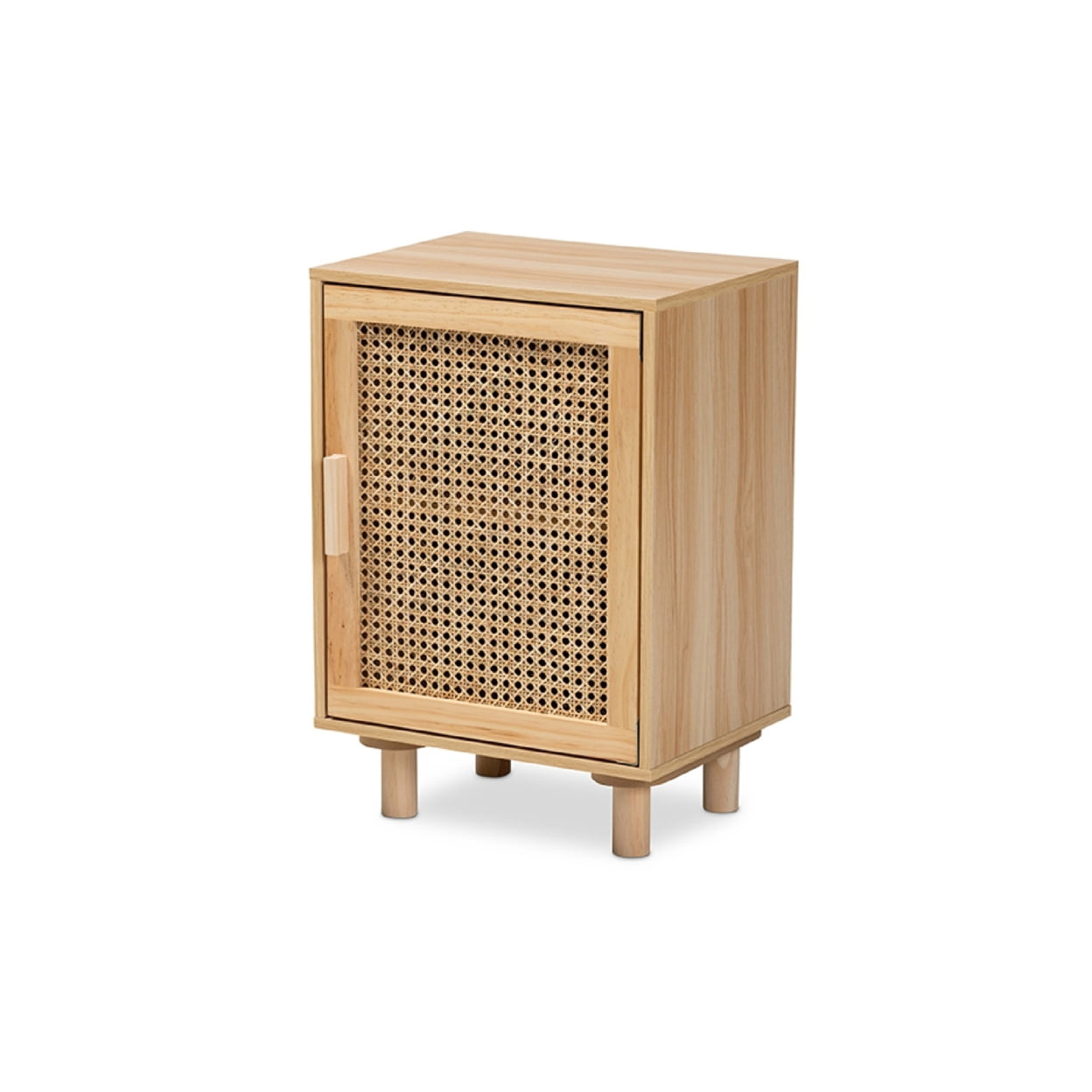 Mid-Century Modern Natural Brown Pine & MDF End Table with Rattan Door