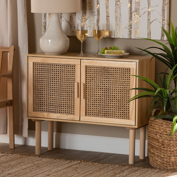 Baxton Studio Maclean Mid-Century Modern Rattan and Natural Brown Finished Wood 2-Door Sideboard Buffet