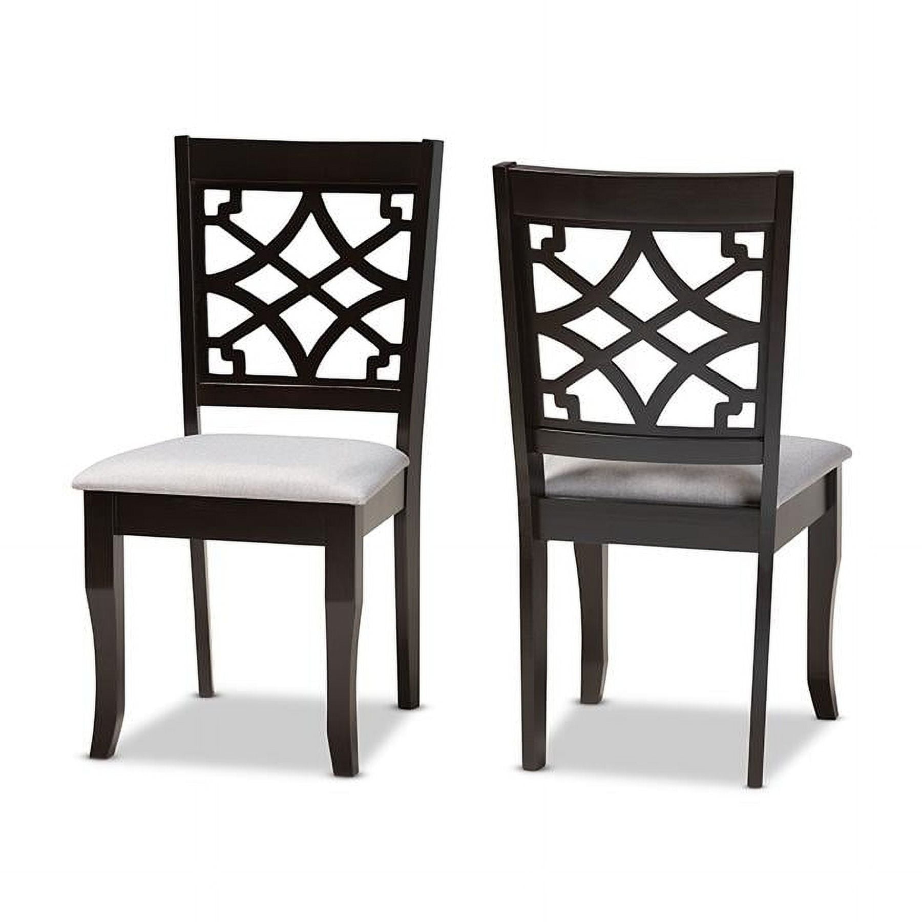 Set of 2 Grey Fabric and Dark Brown Wood Dining Chairs with Cut-Out Back