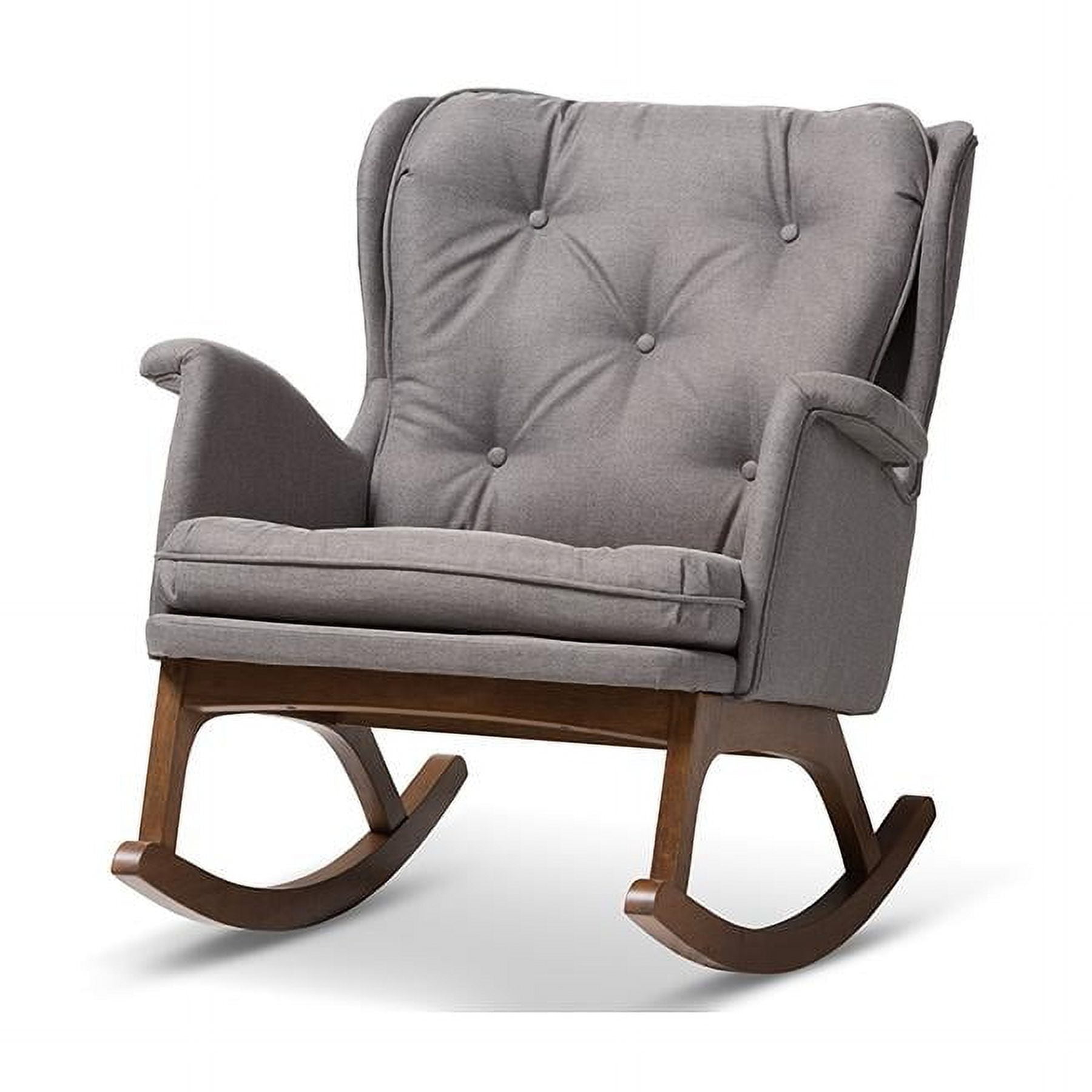 Mid-Century Modern Grey Fabric Rocking Chair with Walnut Finish