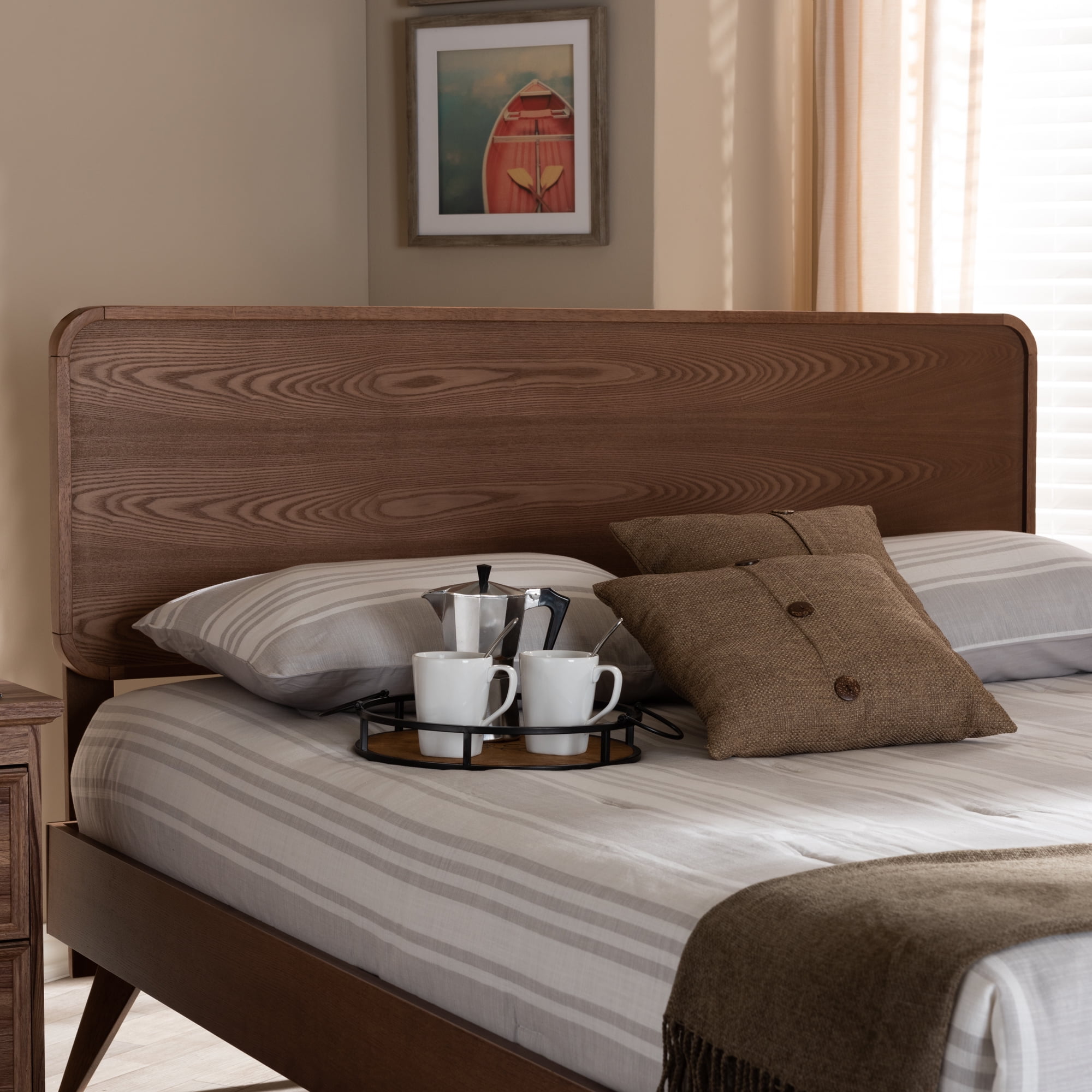 Queen Walnut Brown Wood Headboard with Curved Edges