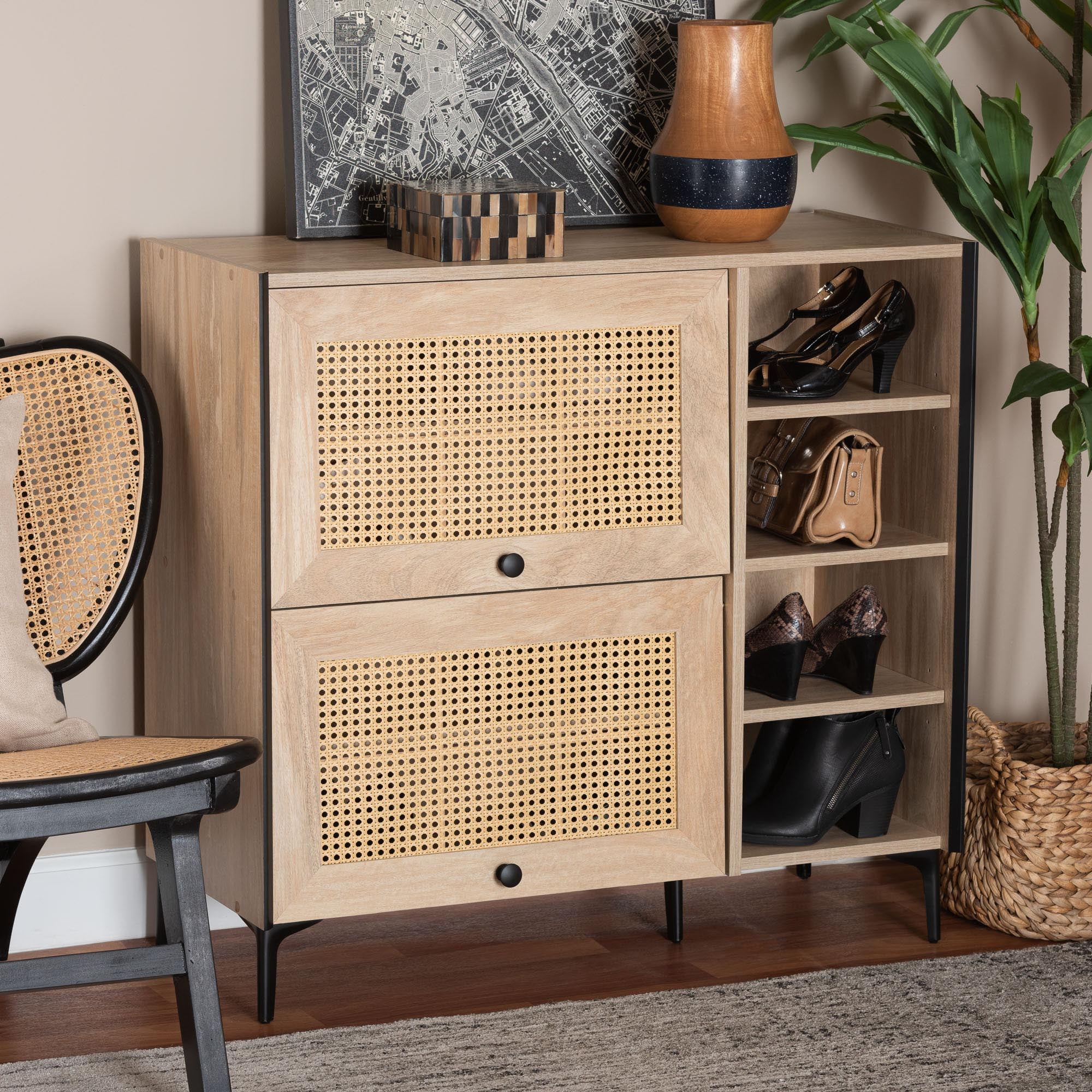 Baxton Studio Malcolm Mid-Century Shoe Cabinet, 8-Shelf, Oak Brown