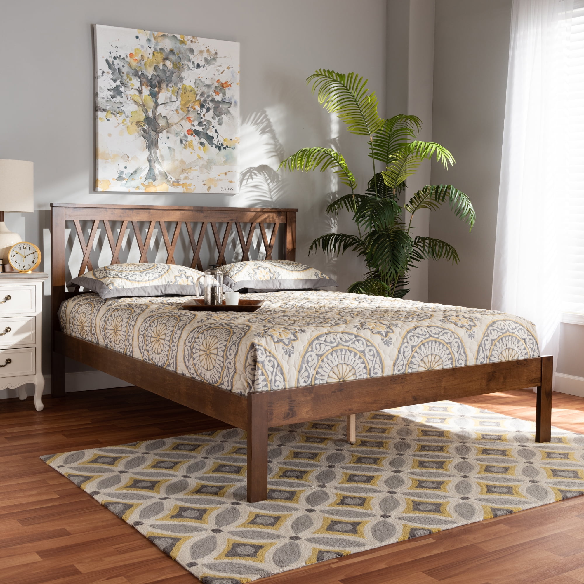 Walnut Finished Rubberwood Queen Platform Bed with Crisscross Headboard