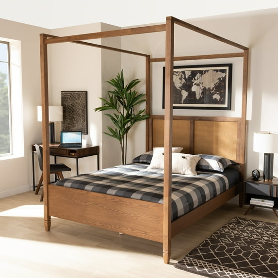 Baxton Studio Malia Contemporary Engineered Wood Back Support Canopy Bed, Queen, Walnut Brown