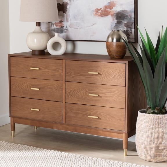 Baxton Studio Mandolin Mid-Century Dresser, 6-Drawer, Walnut Brown