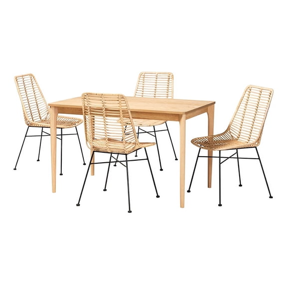 Baxton Studio Manhattan Modern Bohemian Rattan and Natural Oak Finished Wood 5-Piece Dining Set
