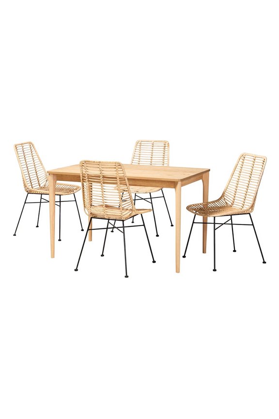 Baxton Studio Manhattan Modern Bohemian Rattan and Natural Oak Finished Wood 5-Piece Dining Set