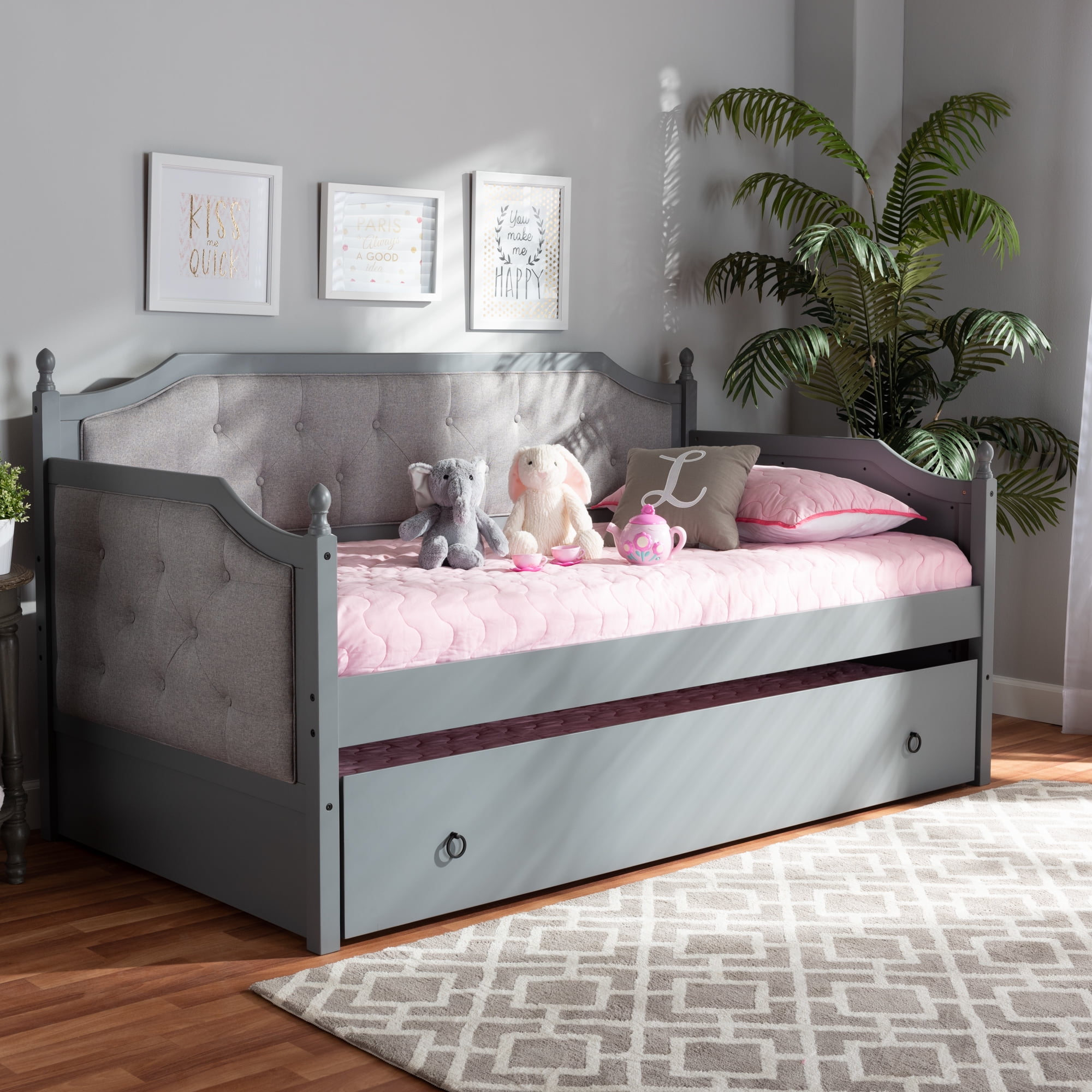 Baxton Studio Mara Classic and Traditional Grey Fabric Upholstered Grey Finished Wood Twin Size Daybed with Trundle
