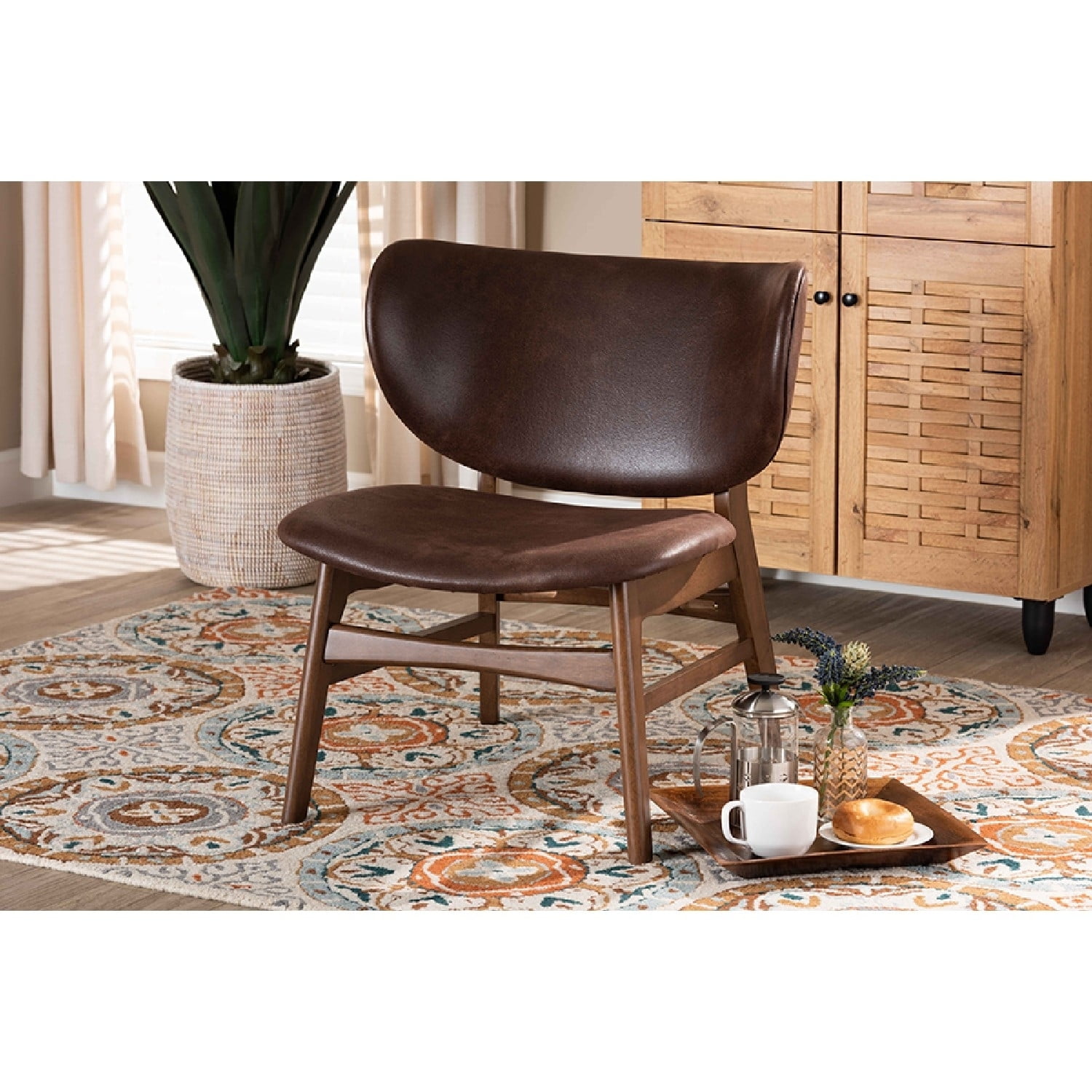 Mid-Century Modern Dark Brown Faux Leather and Wood Slipper Chair