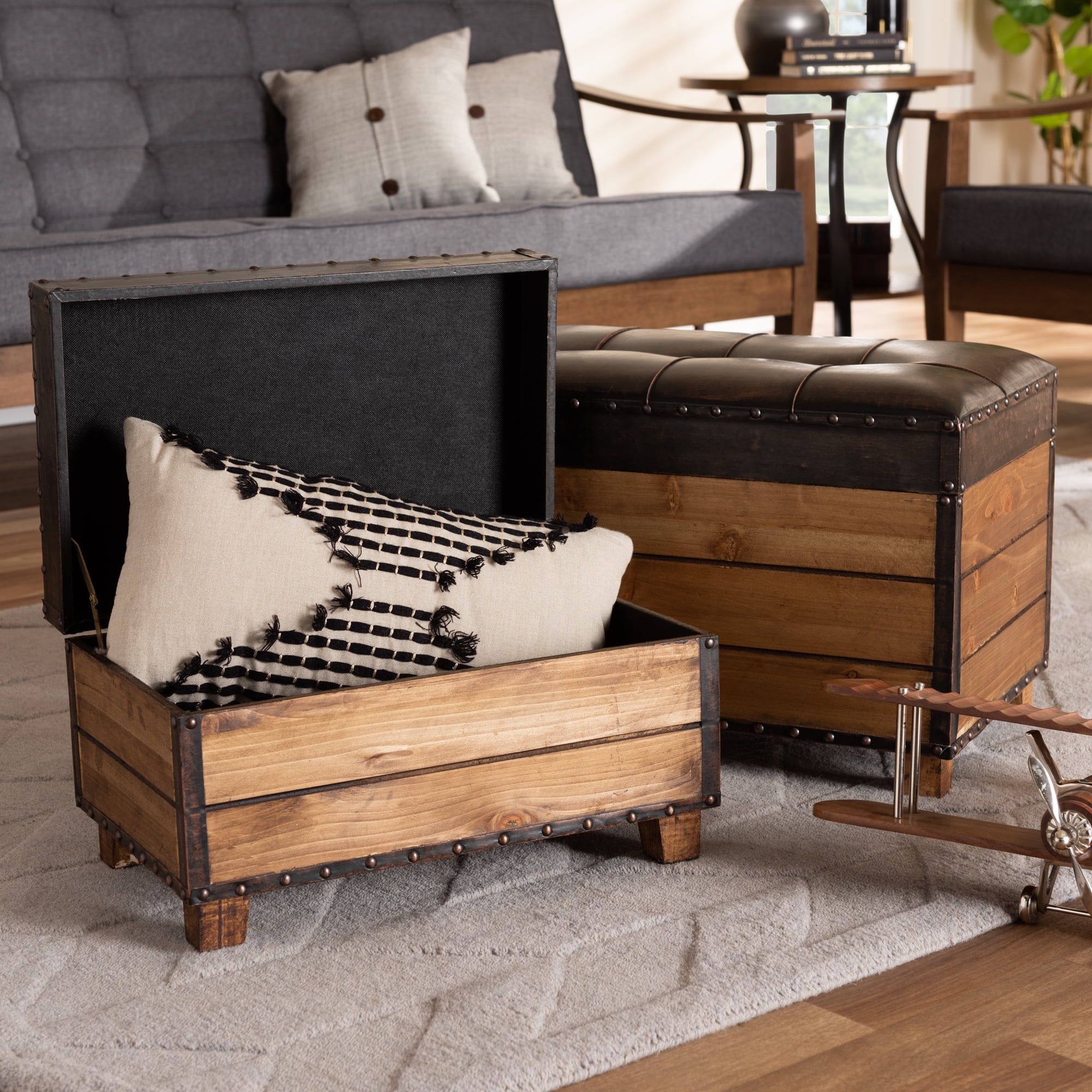 Rustic Dark Brown Faux Leather Tufted Trunk Ottoman Set