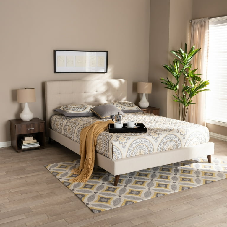 Baxton Studio Maren Mid-Century Modern Beige Fabric Upholstered Queen Size Platform Bed with Two Nightstands Baxton Studio Maren Mid-Century Modern Beige Fabric Upholstered Queen Size Platform Bed with Two Nightstands