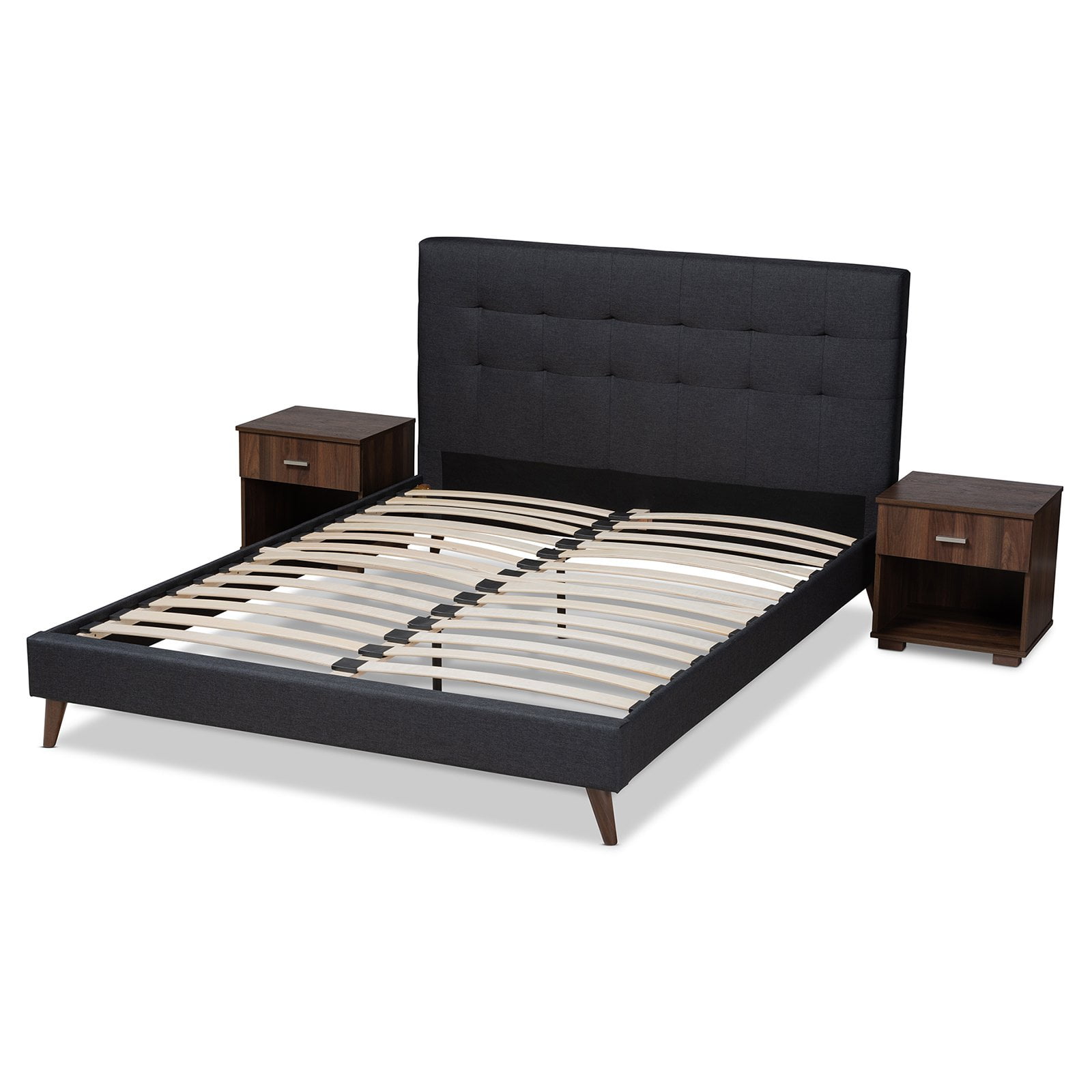 Baxton Studio Maren Mid-Century Modern Light Grey Fabric Upholstered Queen Size Platform Bed with Two Nightstands Baxton Studio Maren Mid-Century Modern Light Grey Fabric Upholstered Queen Size Platform Bed with Two Nightstands