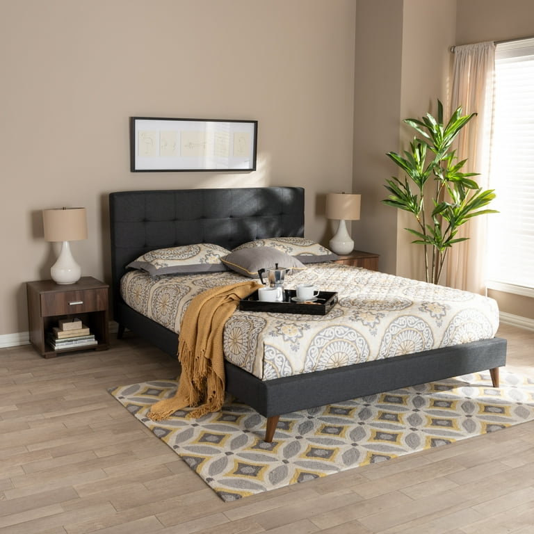 Baxton Studio Maren Mid-Century Modern Dark Grey Fabric Upholstered Queen Size Platform Bed with Two Nightstands Baxton Studio Maren Mid-Century Modern Dark Grey Fabric Upholstered Queen Size Platform Bed with Two Nightstands