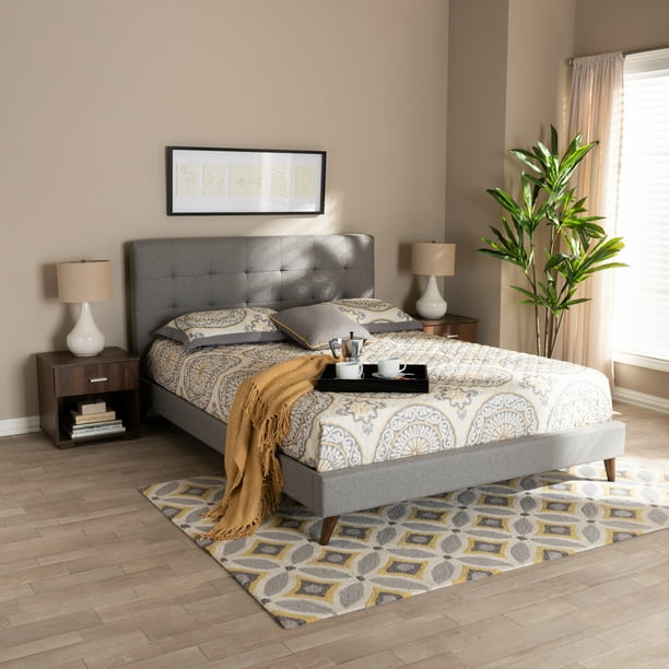 Baxton Studio Maren Mid-Century Modern Light Grey Fabric Upholstered Queen Size Platform Bed with Two Nightstands Baxton Studio Maren Mid-Century Modern Light Grey Fabric Upholstered Queen Size Platform Bed with Two Nightstands