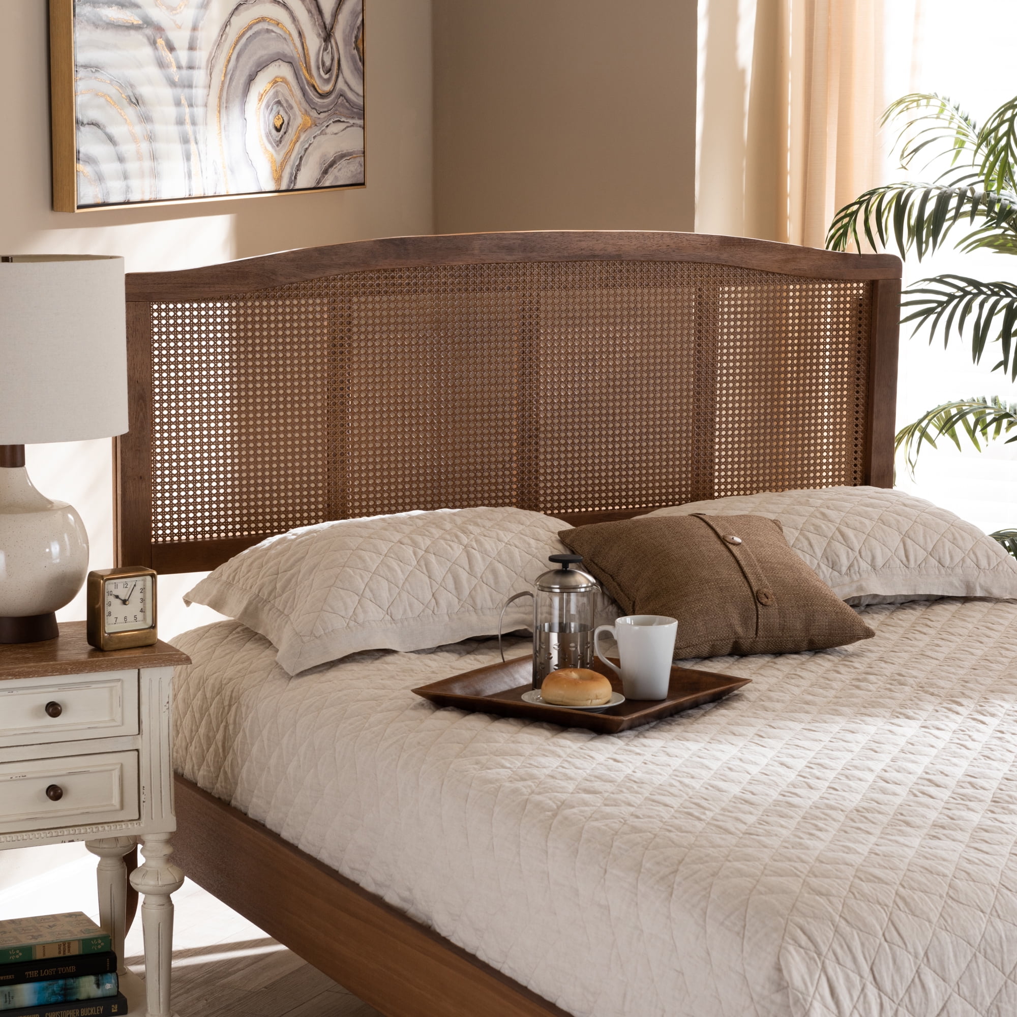 Baxton Studio Marieke Mid-Century Modern Ash Wanut Finished Wood and Synthetic Rattan Queen Size Headboard