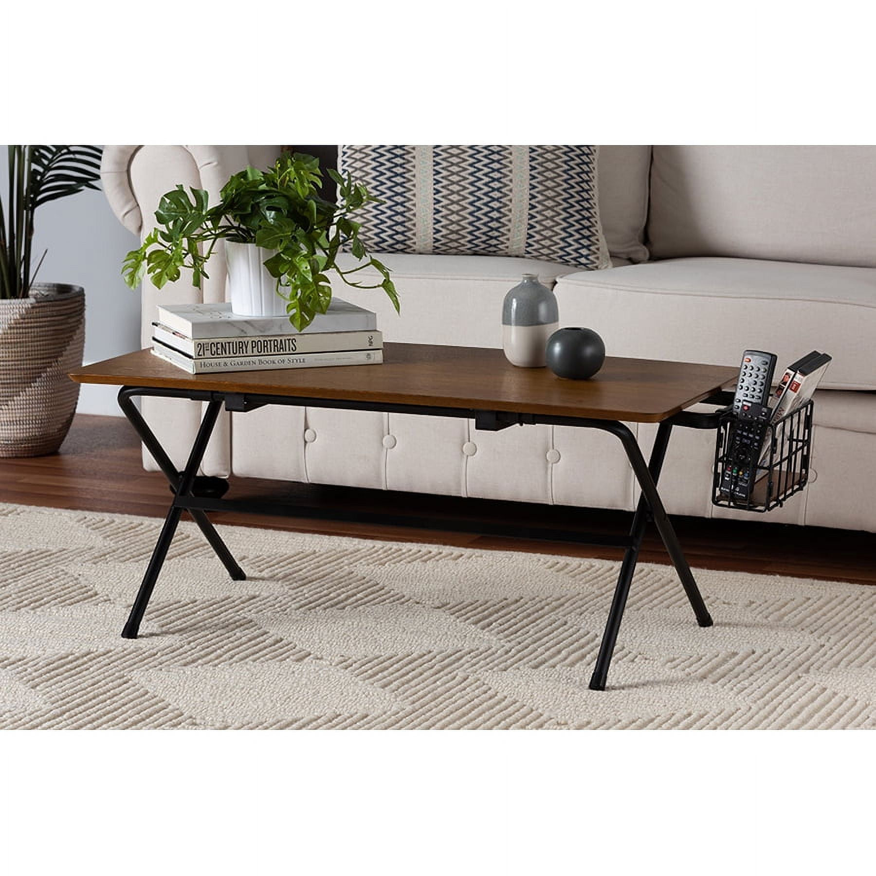 Mariela Natural Brown and Black Rectangular Coffee Table with Basket