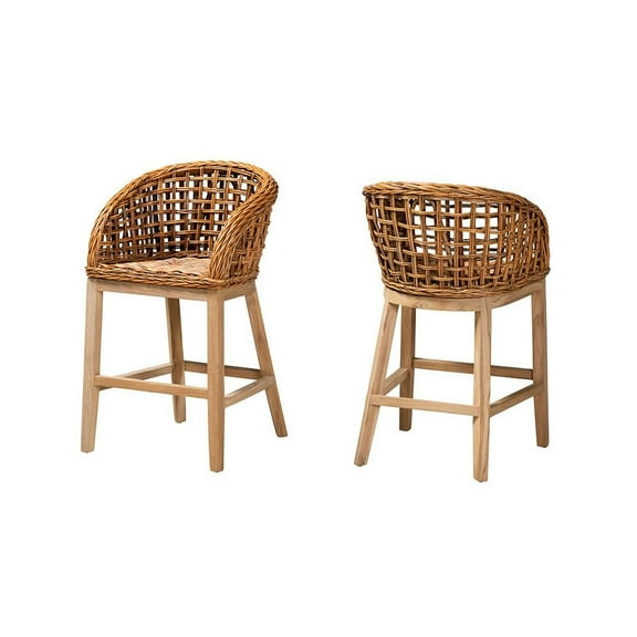 Baxton Studio Mario Natural Brown Finished Teak Wood and Rattan Counter Stool