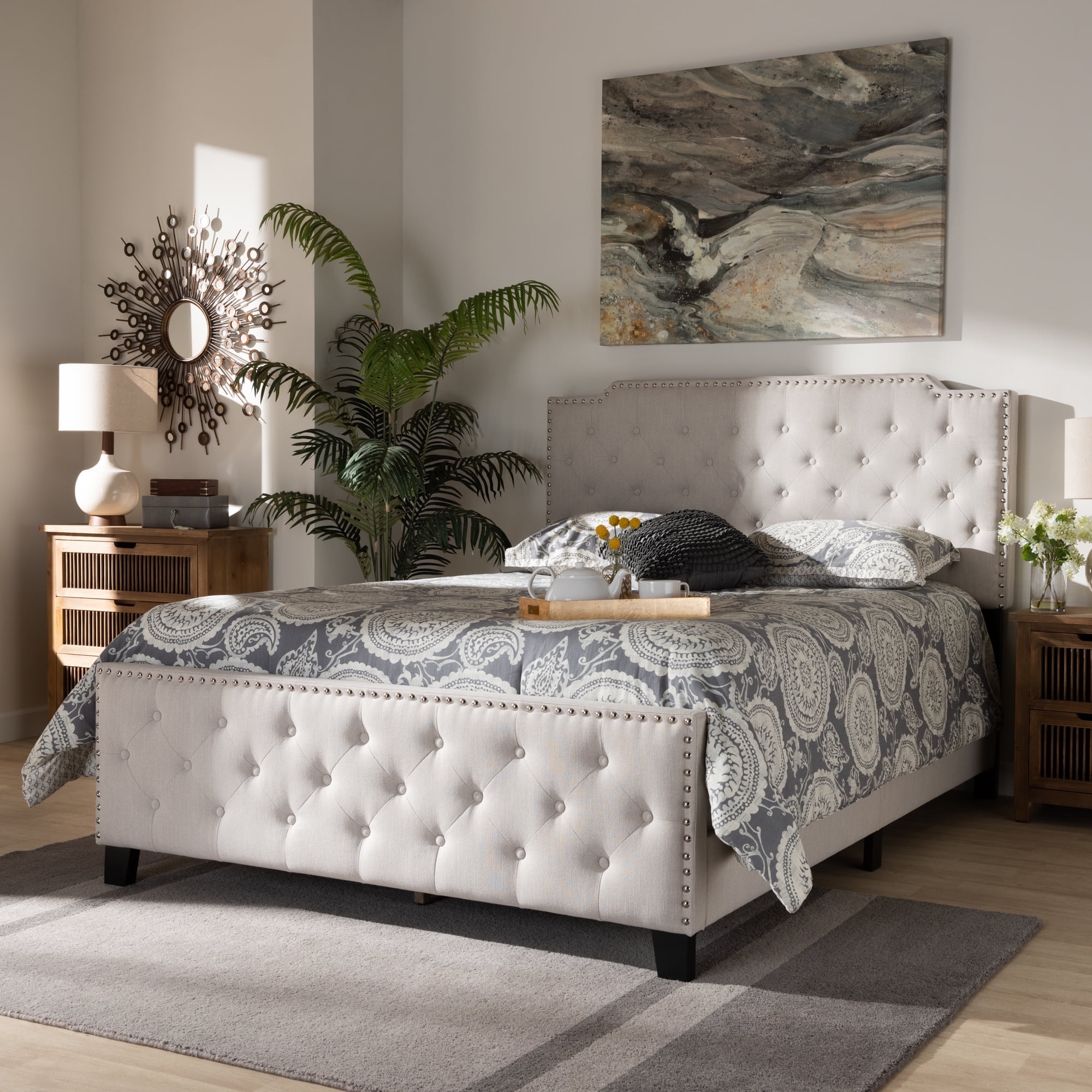 Baxton Studio Marion Modern Transitional Grey Fabric Upholstered Button Tufted Queen Size Panel Bed Baxton Studio Marion Modern Transitional Grey Fabric Upholstered Button Tufted Queen Size Panel Bed