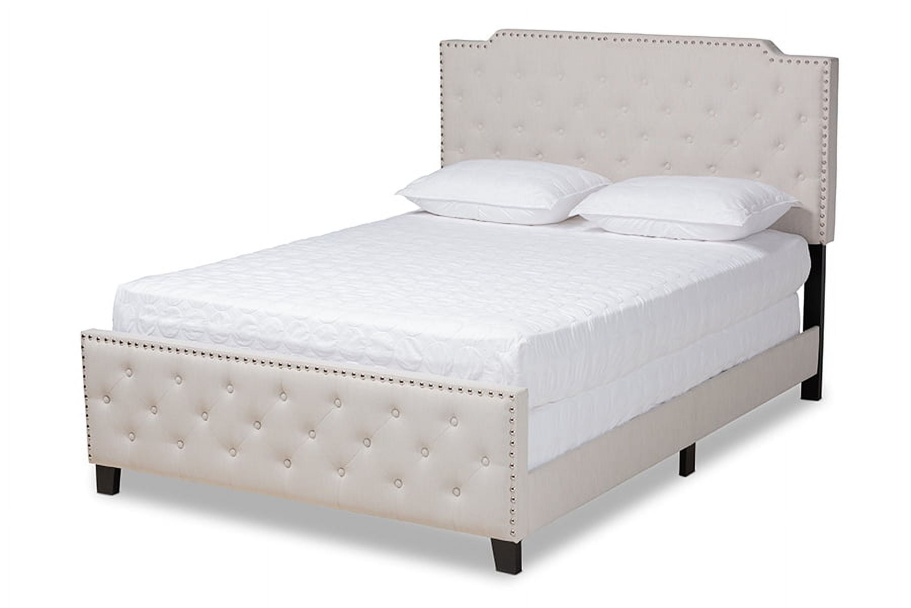 Elegant Beige Linen King Bed with Tufted Headboard and Nailhead Trim