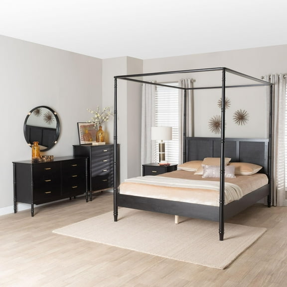 Baxton Studio Marisela Mid-Century Bedroom Set, 4-Piece, Queen, Black