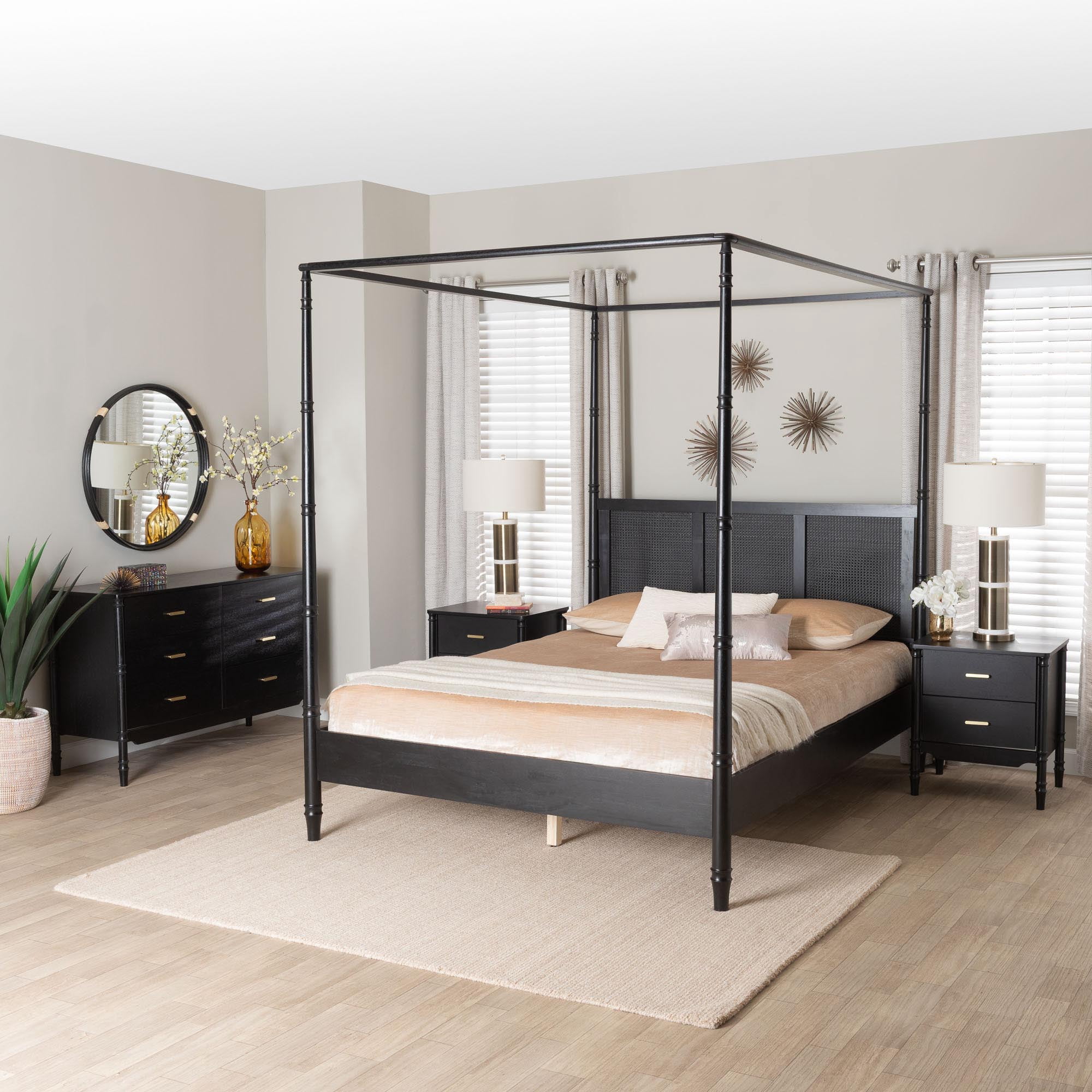 Baxton Studio Marisela Mid-Century Bedroom Set, 4-Piece, Queen, With 2 Nightstand, Black