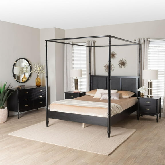 Baxton Studio Marisela Mid-Century Bedroom Set, 4-Piece, Queen, With 2 Nightstand, Black