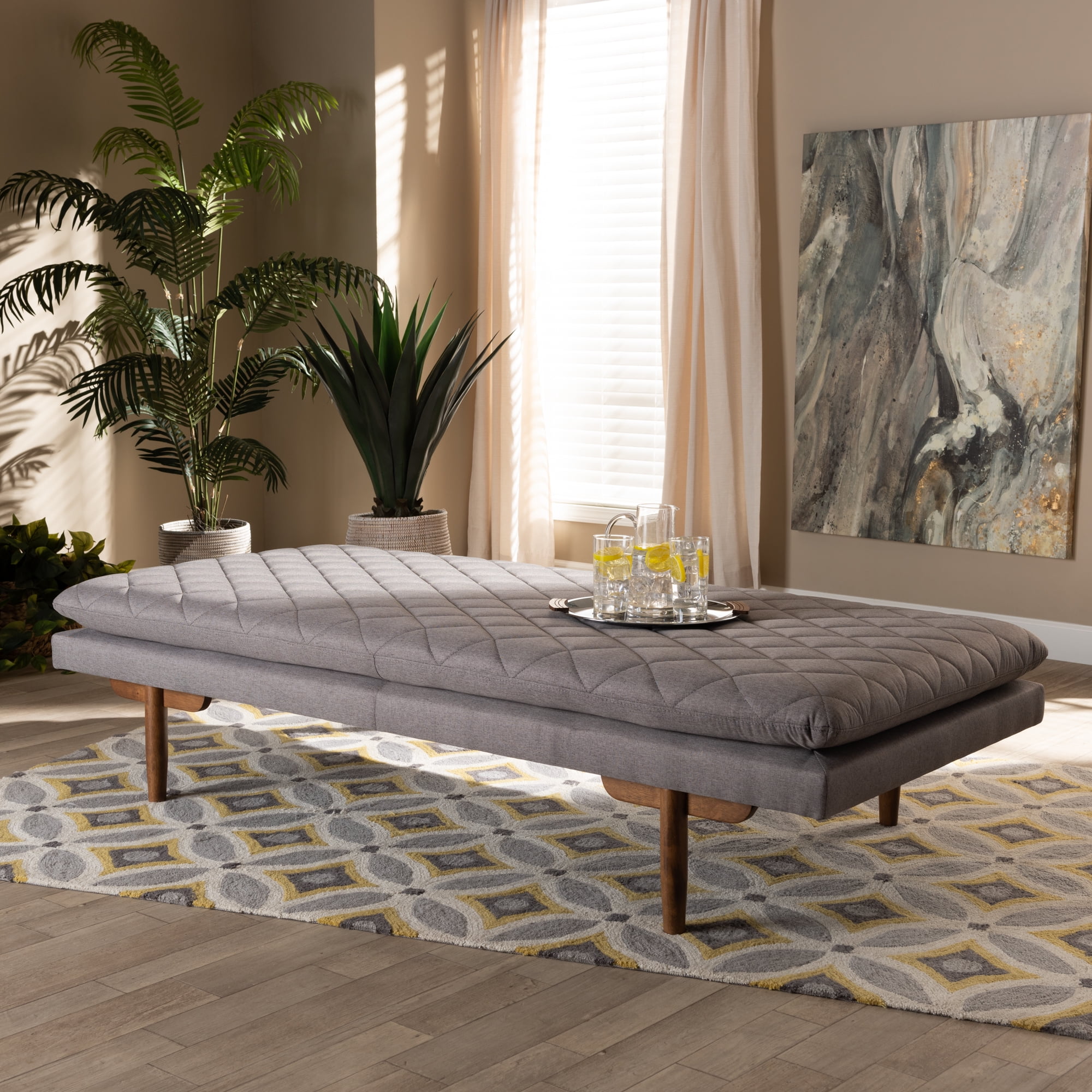 Baxton Studio Marit Mid-Century Modern Gray Fabric Upholstered Walnut Finished Wood Daybed