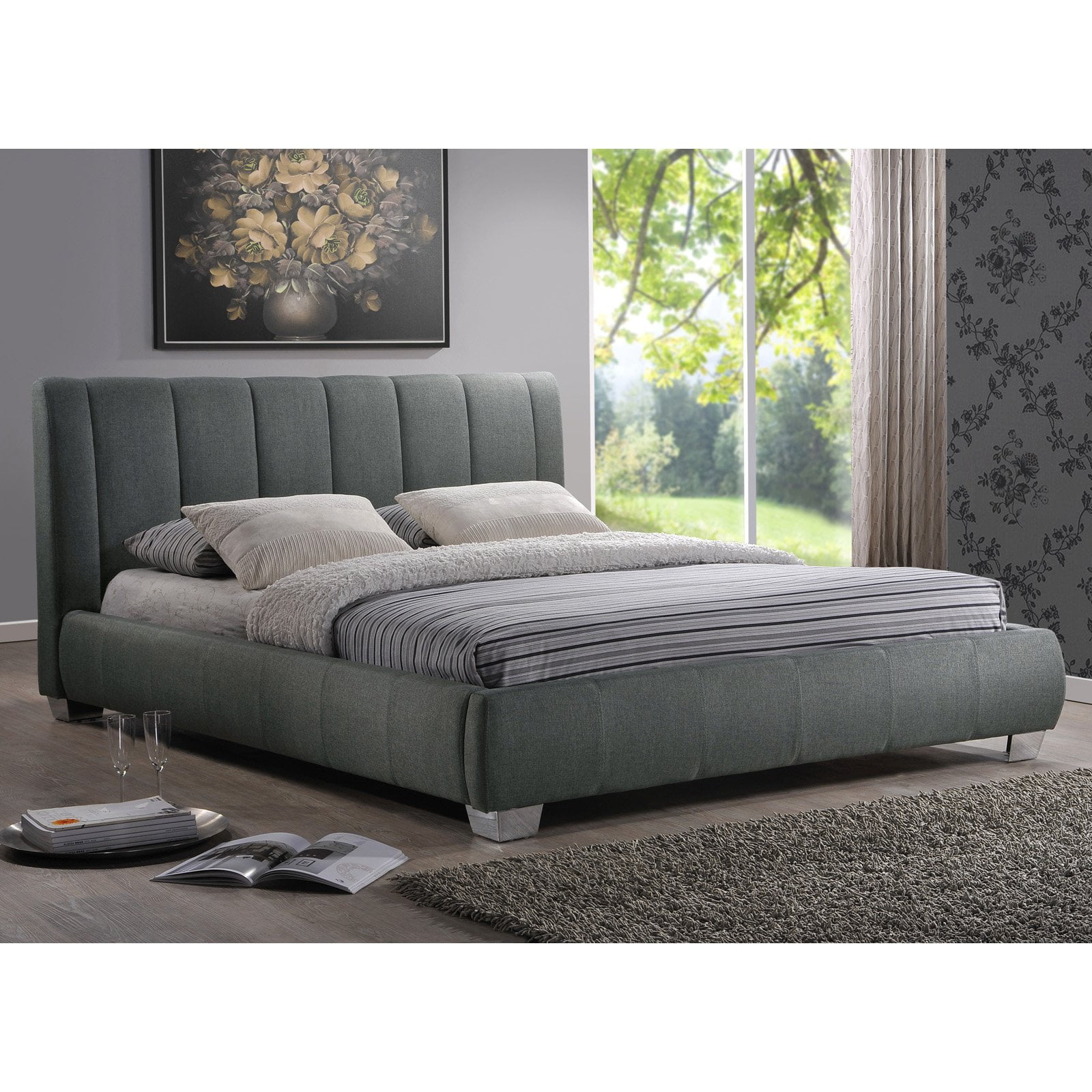 Queen Gray Linen Upholstered Wood Frame Bed with Headboard