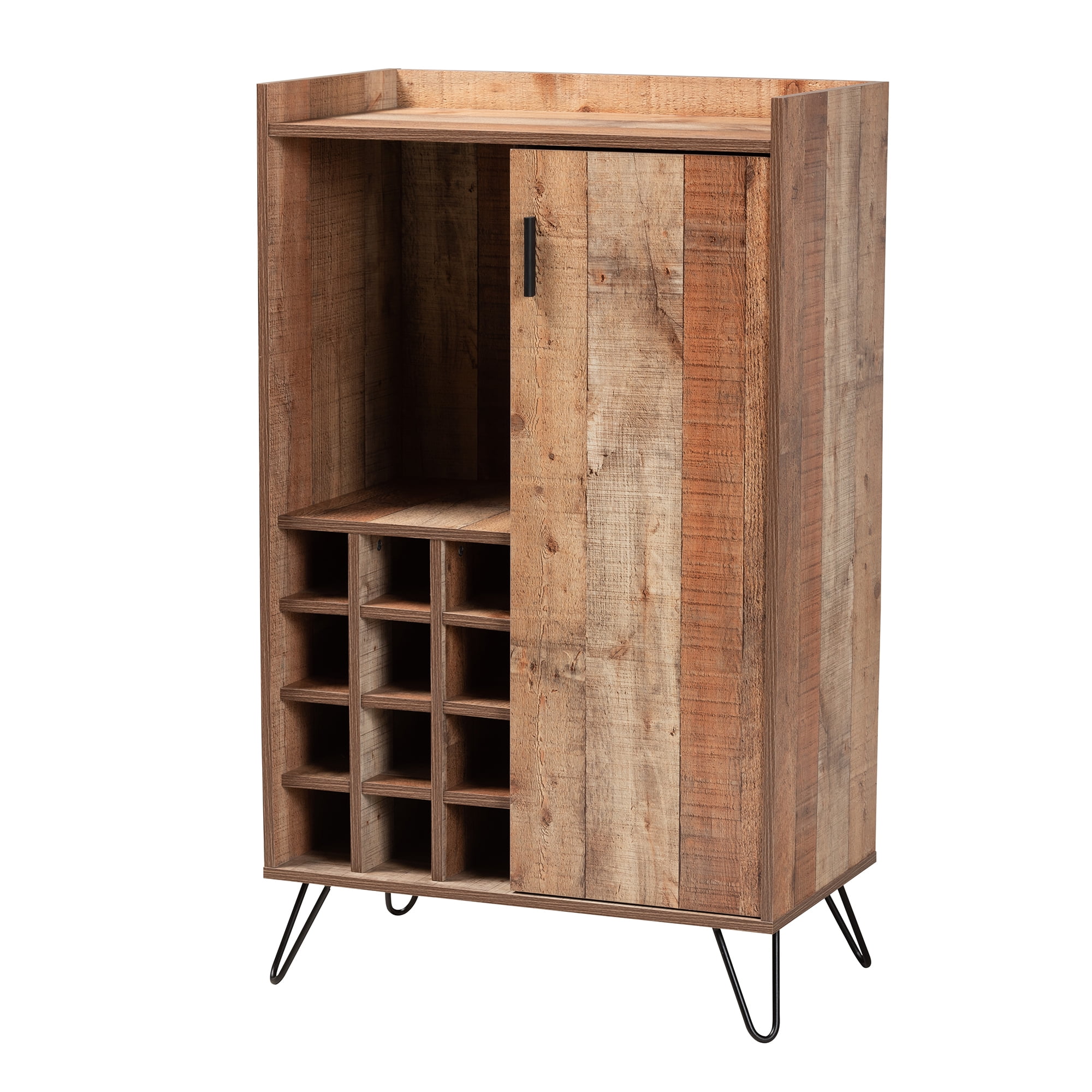 Baxton Studio Mathis Modern and Contemporary Rustic Brown Finished Wood and Black Finished Metal Wine Storage Cabinet