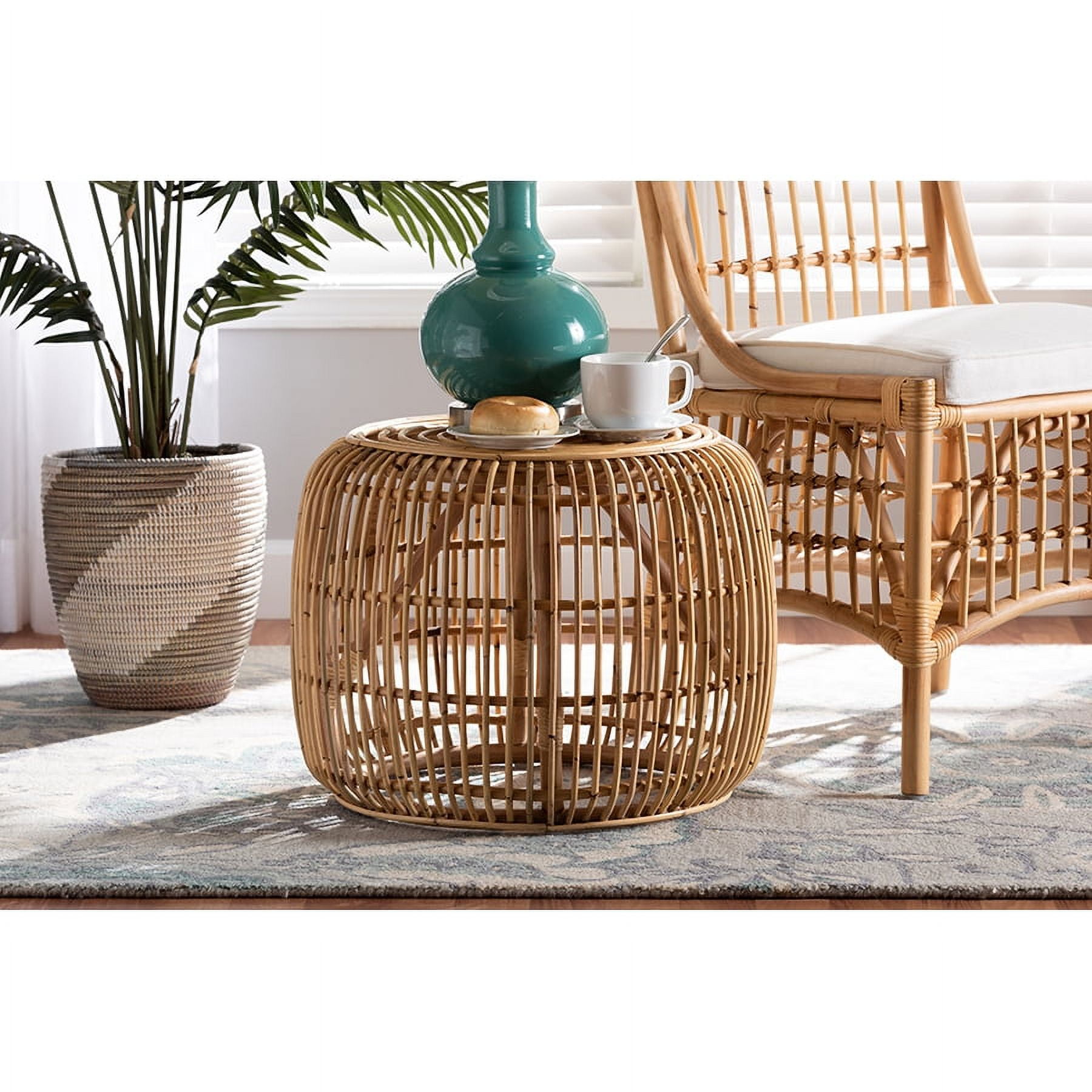 Tropical Oasis Natural Rattan Round End Table with Bamboo Accents