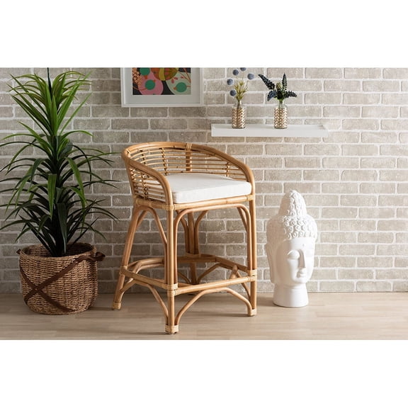 Baxton Studio Maverick Modern Bohemian White Fabric Upholstered and Natural Brown Rattan Counter Stool