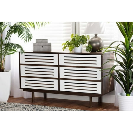 Baxton Studio Meike Mid-Century Modern Two-Tone Walnut Brown and White Finished Wood 6-Drawer Dresser