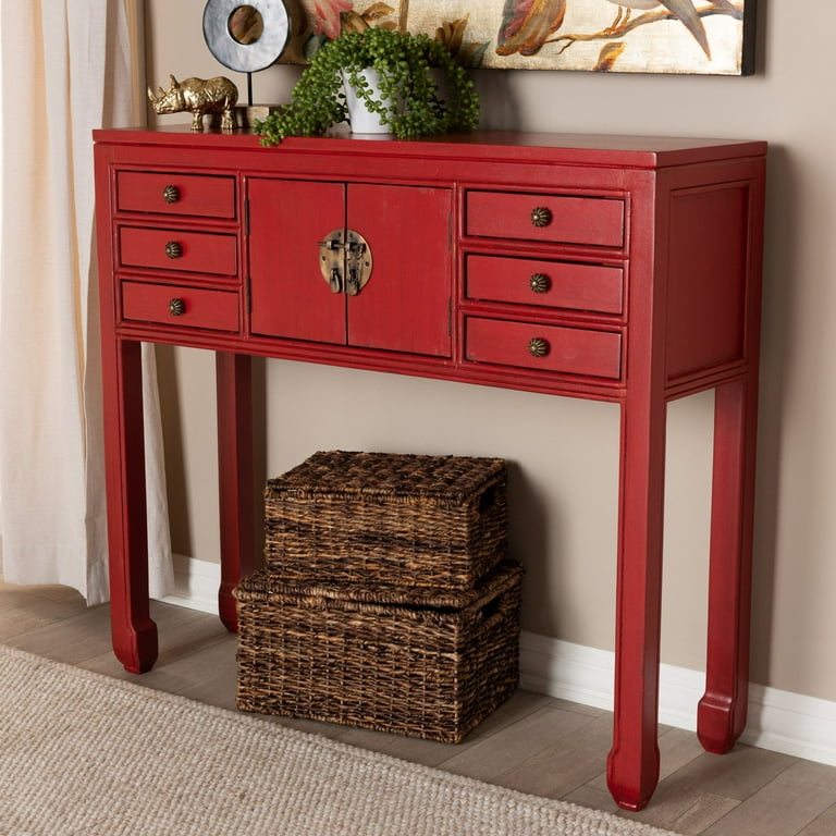 Baxton Studio Melodie Classic and Antique Red Finished Wood Bronze Finished Accents 6 Drawer Console Table