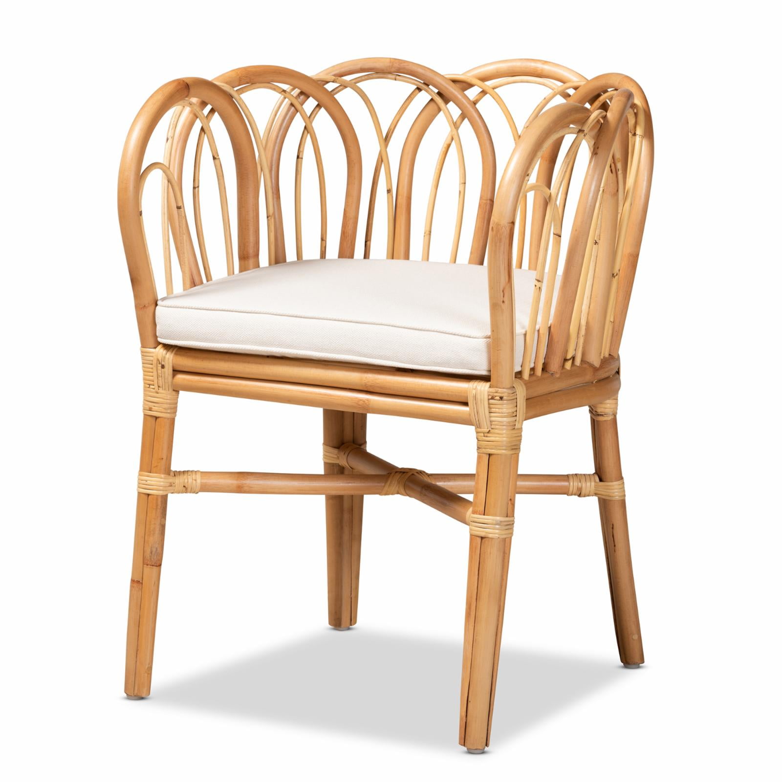 Natural Rattan and Cane Low Arm Chair with White Cushion