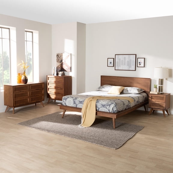 Baxton Studio Melora Mid-Century Modern Walnut Brown Finished Wood and Rattan Queen Size 4-Piece Bedroom Set