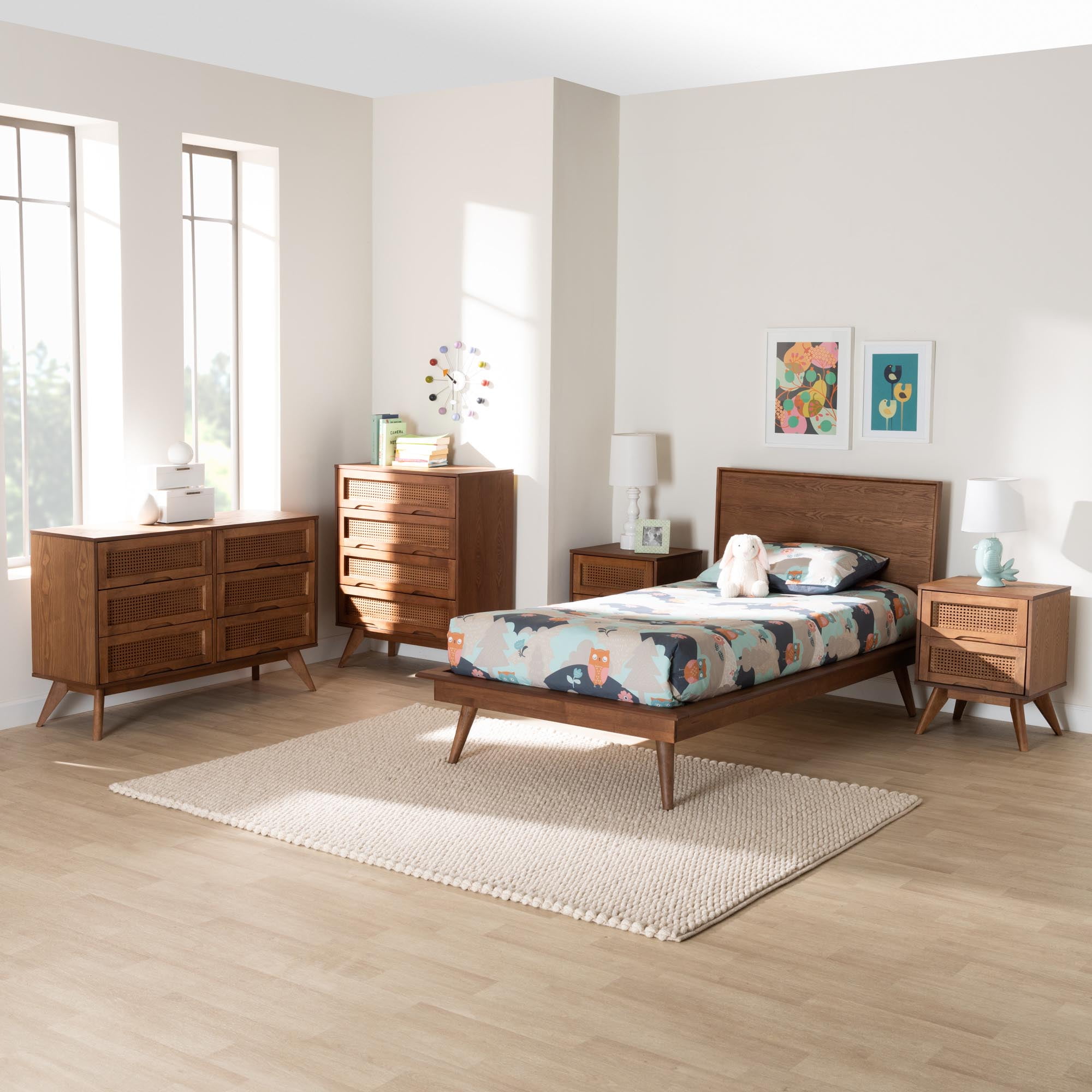 Baxton Studio Melora Mid-Century Modern Walnut Brown Finished Wood and Rattan Twin Size 5-Piece Bedroom Set
