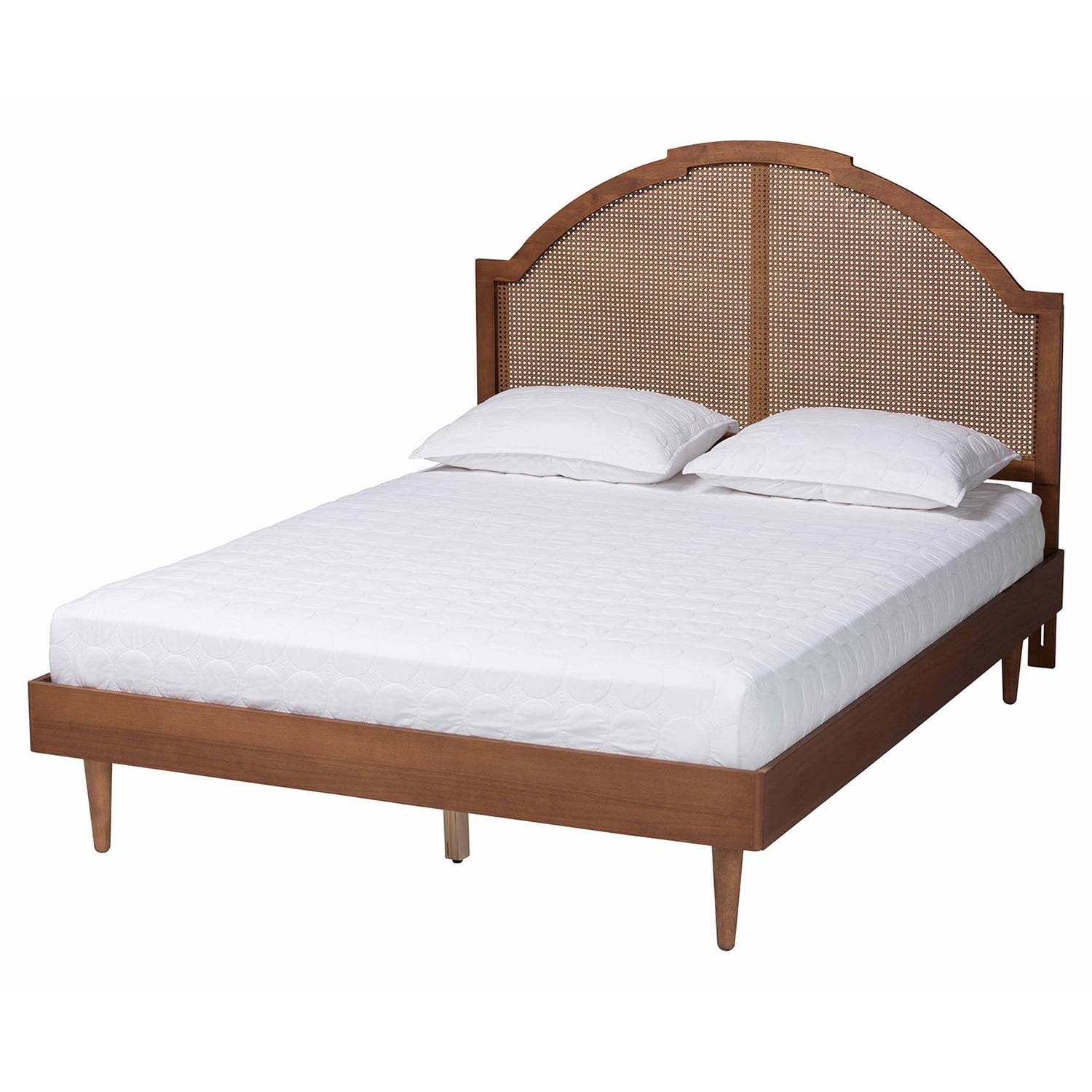 Walnut Brown King Wood Frame Platform Bed with Rattan Headboard