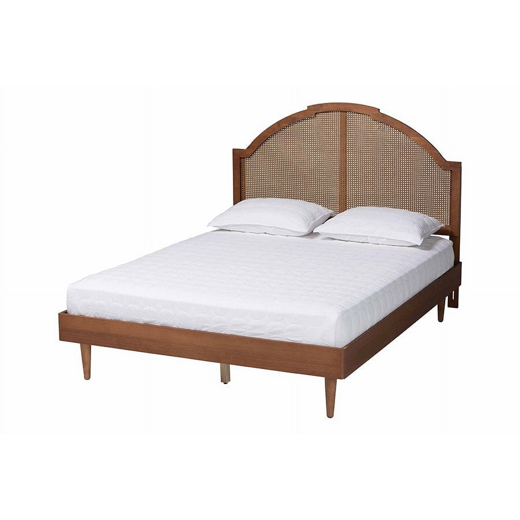 Walnut Brown Queen Wood Frame Platform Bed with Rattan Headboard