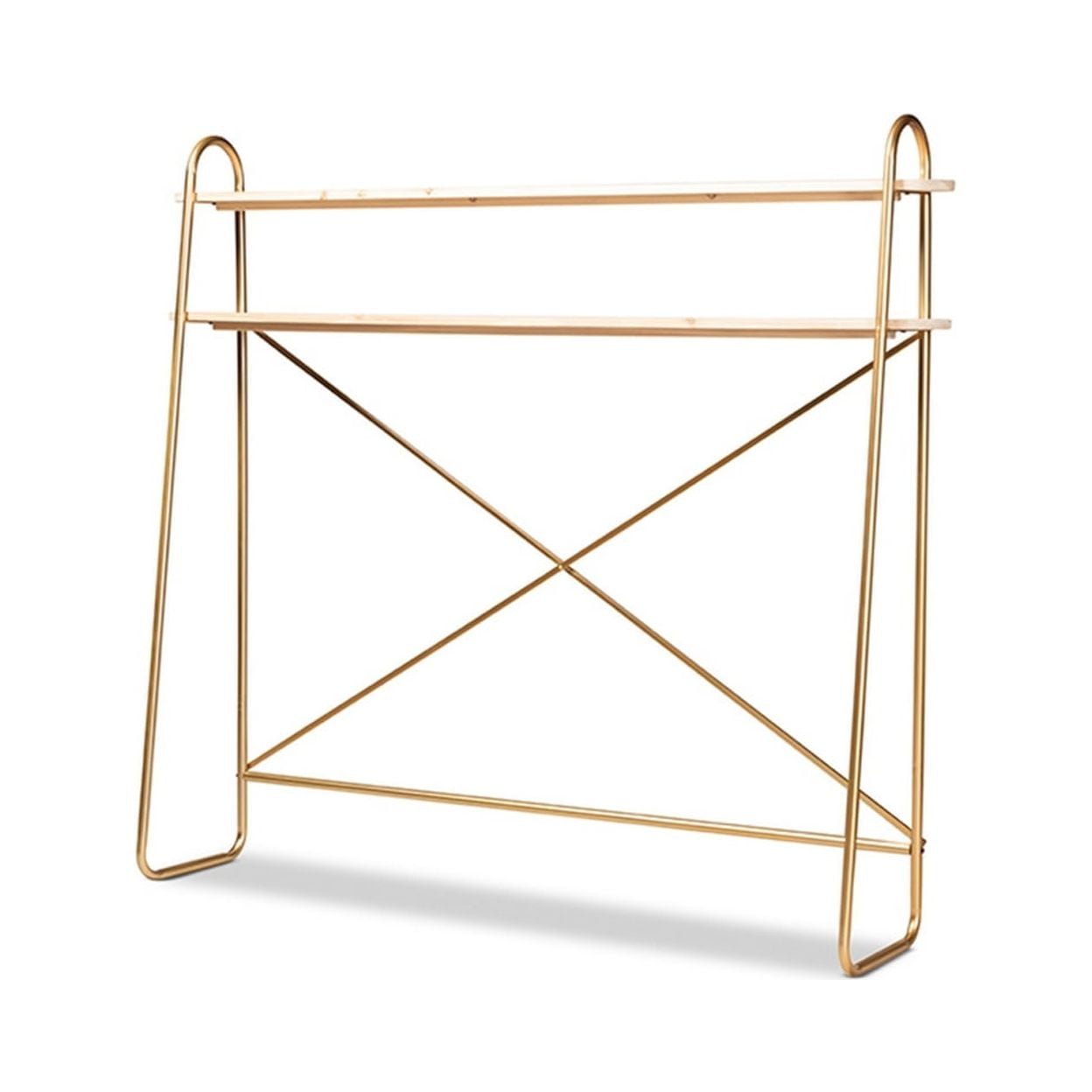 Merida Brushed Gold and Natural Brown Wood 2-Tier Queen Overbed Shelf