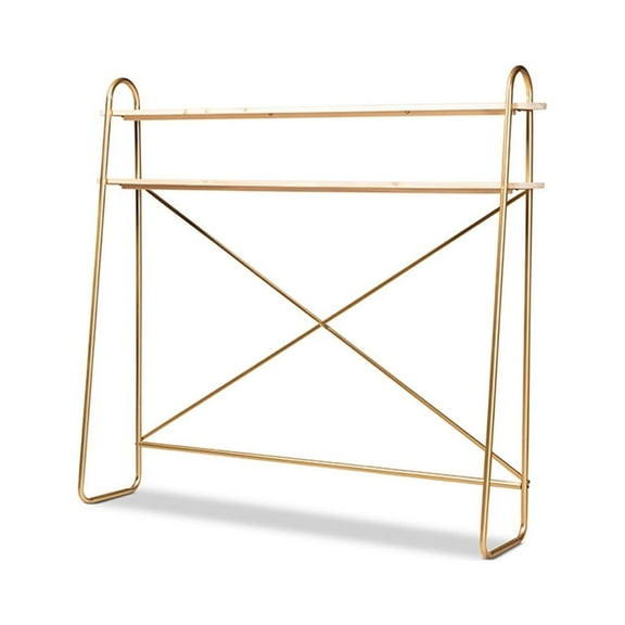 Baxton Studio Merida and Luxe Brushed Gold Finished Metal and Natural Brown Finished Wood 2-Tier Over Bed Queen Size