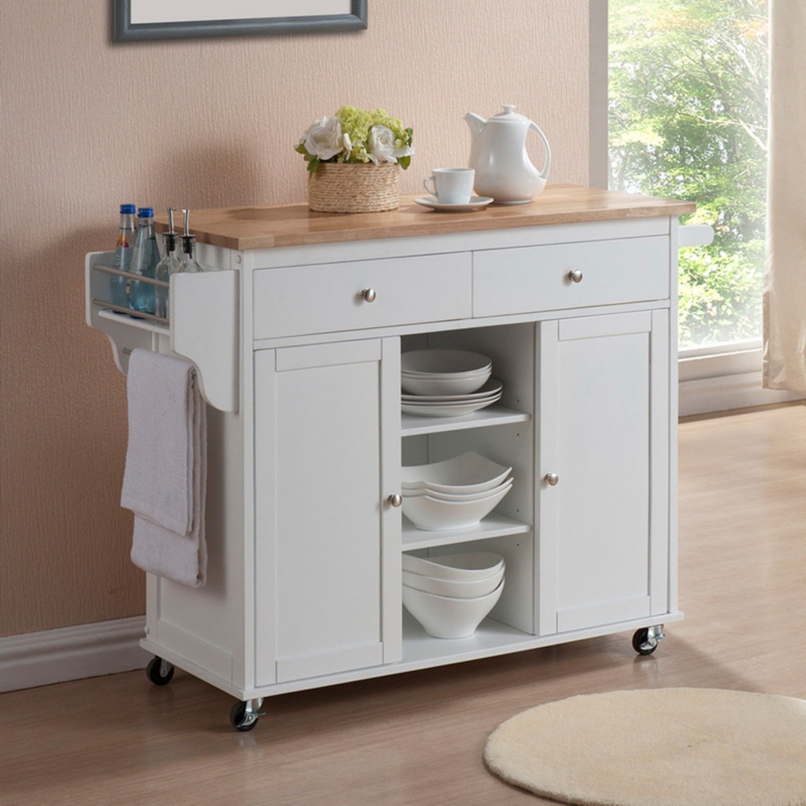 Cottage Charm White and Light Wood Kitchen Cart with Spice Rack and Storage