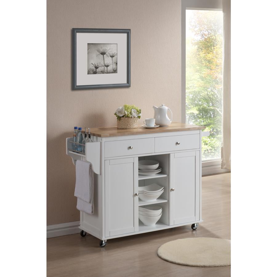 Cottage Charm White and Light Wood Kitchen Cart with Spice Rack and Storage