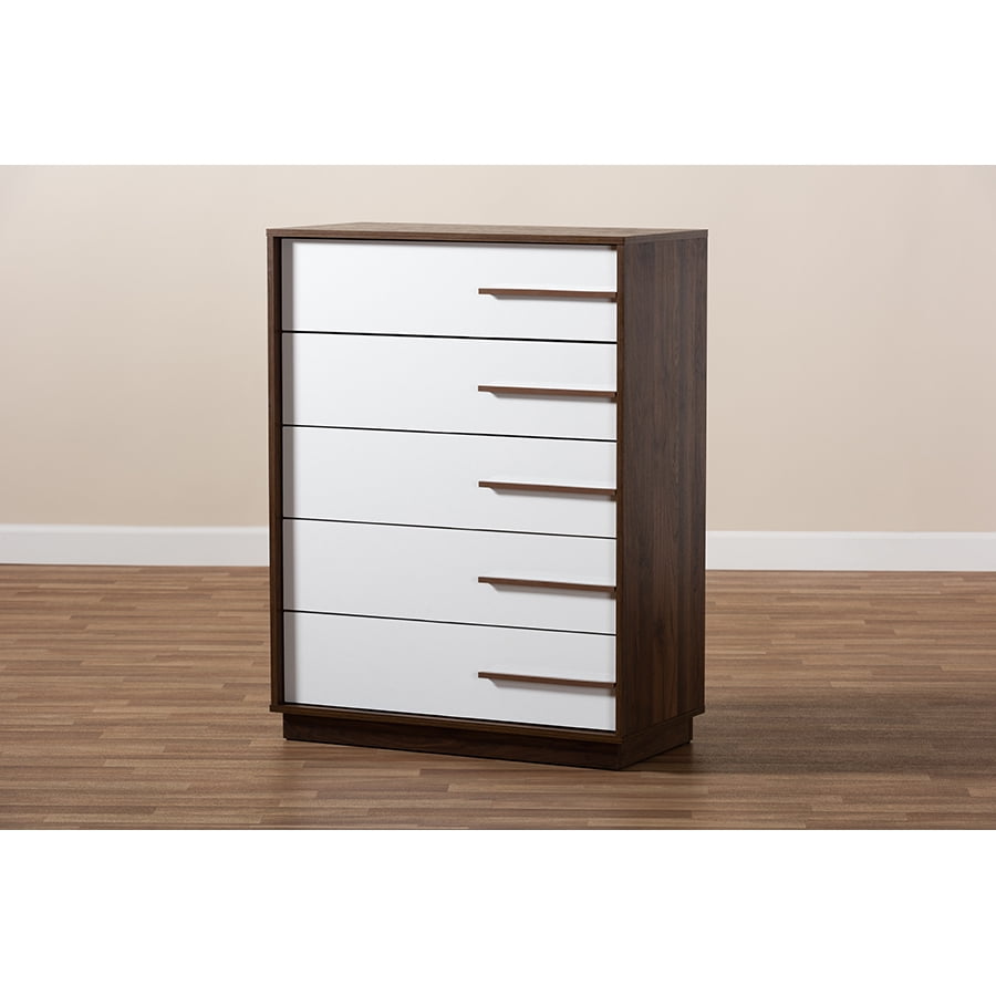 Mette 42" White and Walnut Mid-Century Modern 5-Drawer Chest