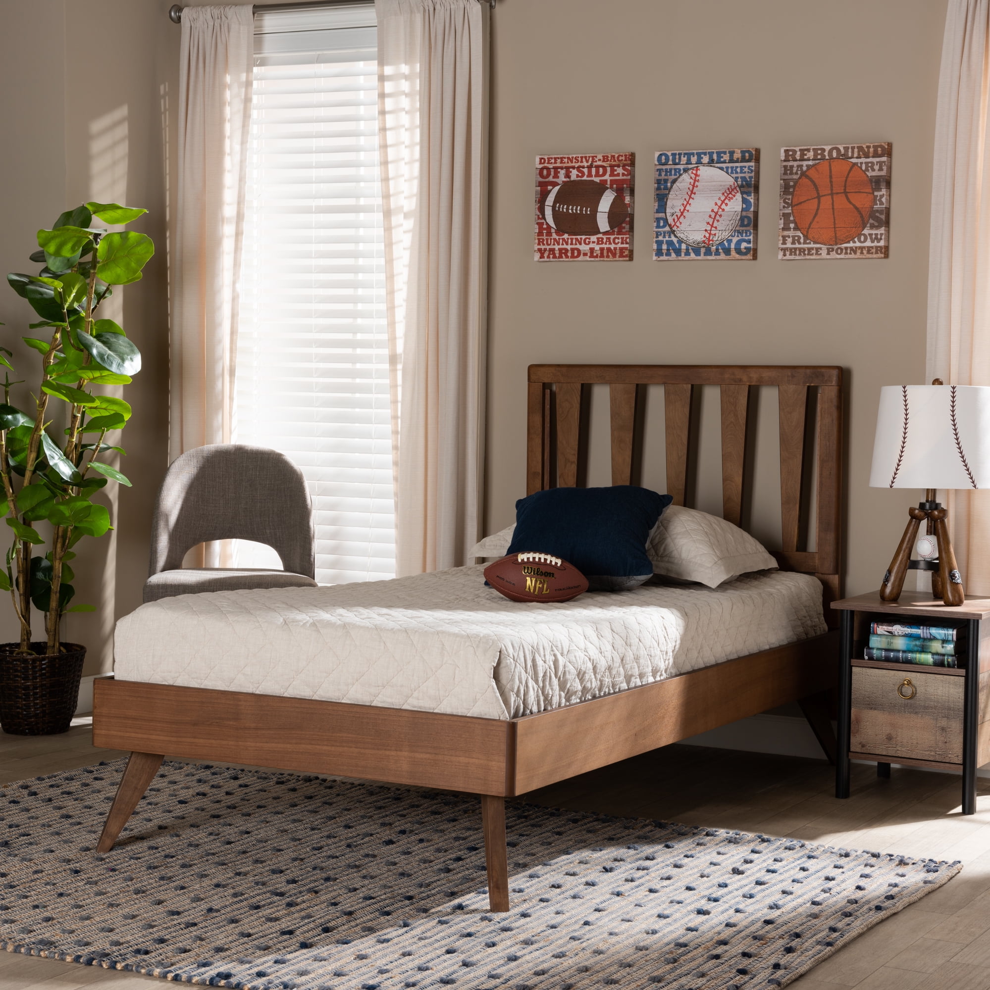 Baxton Studio Michi Modern Engineered Wood Slat Bed, Twin, Walnut Brown