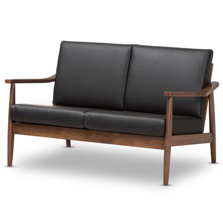 Baxton Studio Mid-Century Loveseat by Black Faux Leather, Wood Faux Leather